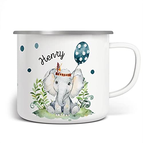 miKalino Emaille Tasse Elefant mit Luftballon personalisierte Kindertasse mit Namen bedruckt Emaille Becher Emailletasse | handbedrucktes Geschenk, Farbe:weisssilber, Grösse:300ml von miKalino