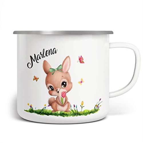 miKalino Emaille Tasse Fröhlicher Hase auf Blumenwiese personalisiert mit Namen | handbedruckt in Deutschland, Farbe:weisssilber, Grösse:300ml von miKalino