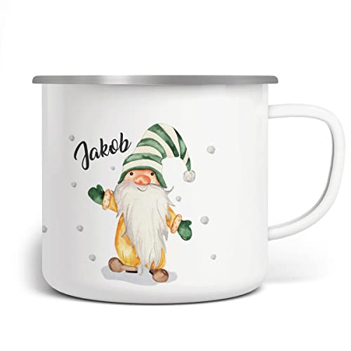 miKalino Emaille Tasse Fröhlicher Wichtel im Winter in grün personalisiert mit Namen | handbedruckt in Deutschland, Farbe:weisssilber, Grösse:300ml von miKalino