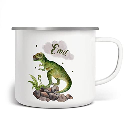 miKalino Emaille Tasse Gefährlicher Dinosaurier mit Wunschname personalisierte Kindertasse mit Namen bedruckt Emaille Becher Emailletasse Geschenk, Farbe:weisssilber, Grösse:300ml von miKalino