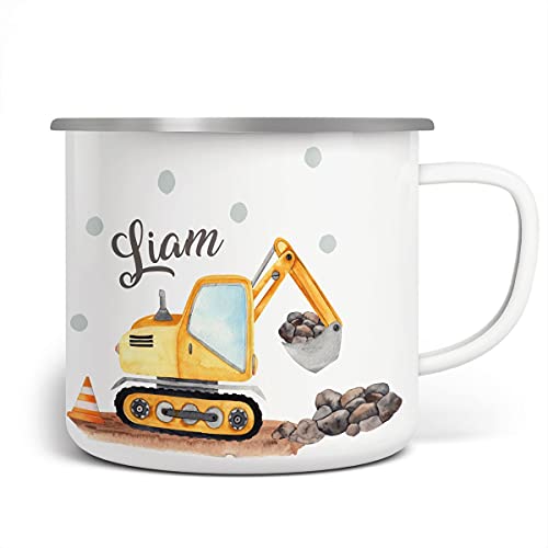 miKalino Emaille Tasse Jungs - Trinkbecher Kinder personalisiert - Emaille Becher mit Bagger-Motiv - Kindertasse mit Namen - Kindertasse bedruckt - Emaille Becher Weiß von miKalino