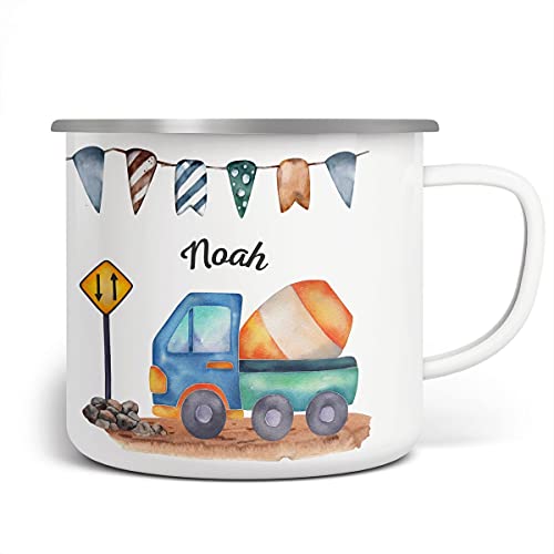 miKalino Emaille Tasse Jungs - Trinkbecher Kinder personalisiert - Emaille Becher mit Betonmischer-Motiv - Kindertasse mit Namen - Kindertasse bedruckt - Emaille Becher Weiß von miKalino