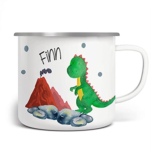 miKalino Emaille Tasse Jungs - Trinkbecher Kinder personalisiert - Emaille Becher mit Dinosaurier-Motiv - Kindertasse mit Namen - Kindertasse bedruckt - Emaille Becher Weiß von miKalino