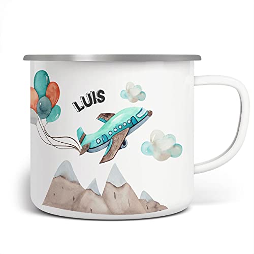 miKalino Emaille Tasse Jungs - Trinkbecher Kinder personalisiert - Emaille Becher mit Flugzeug-Motiv - Kindertasse mit Namen - Kindertasse bedruckt - Emaille Becher Weiß von miKalino