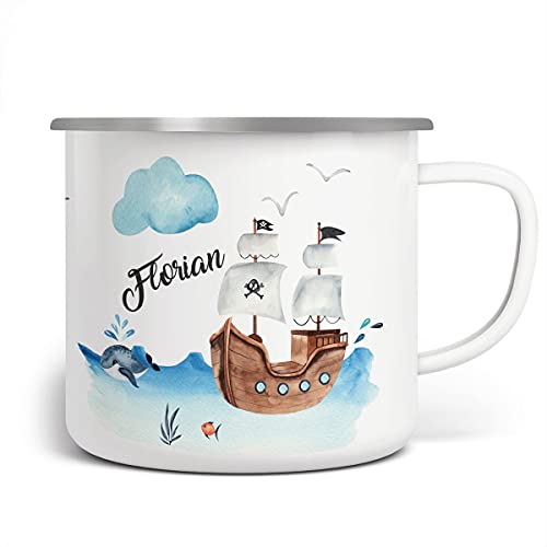 miKalino Emaille Tasse Jungs - Trinkbecher Kinder personalisiert - Emaille Becher mit Piraten-Motiv - Kindertasse mit Namen - Kindertasse bedruckt - Emaille Becher Weiß von miKalino