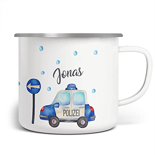 miKalino Emaille Tasse Jungs - Trinkbecher Kinder personalisiert - Emaille Becher mit Polizei-Motiv - Kindertasse mit Namen - Kindertasse bedruckt - Emaille Becher Weiß von miKalino