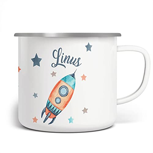 miKalino Emaille Tasse Jungs - Trinkbecher Kinder personalisiert - Emaille Becher mit Raketen-Motiv - Kindertasse mit Namen - Kindertasse bedruckt - Emaille Becher Weiß von miKalino