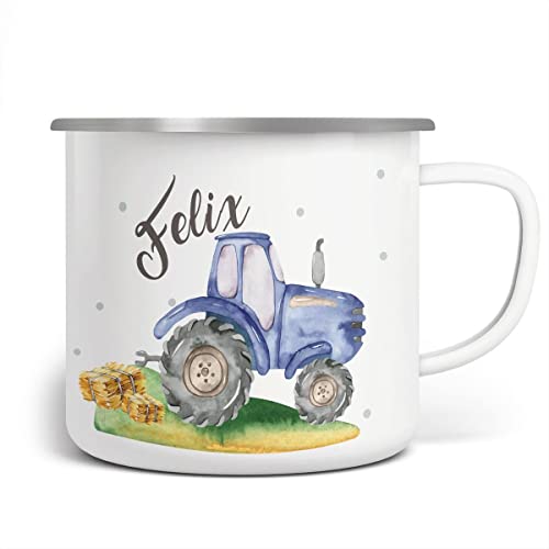 miKalino Emaille Tasse Jungs - Trinkbecher Kinder personalisiert - Emaille Becher mit Traktor-Motiv - Kindertasse mit Namen - Kindertasse bedruckt - Emaille Becher Weiß von miKalino