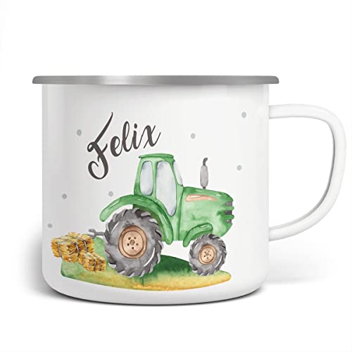 miKalino Emaille Tasse Jungs - Trinkbecher Kinder personalisiert - Emaille Becher mit Traktor-Motiv - Kindertasse mit Namen - Kindertasse bedruckt - Emaille Becher Weiß miKalino Emaille Tasse Jungs - Trinkbecher Kinder personalisiert - Emaille Becher mit Traktor-Motiv - Kindertasse mit Namen - Kindertasse bedruckt - Emaille Becher Weiß von miKalino