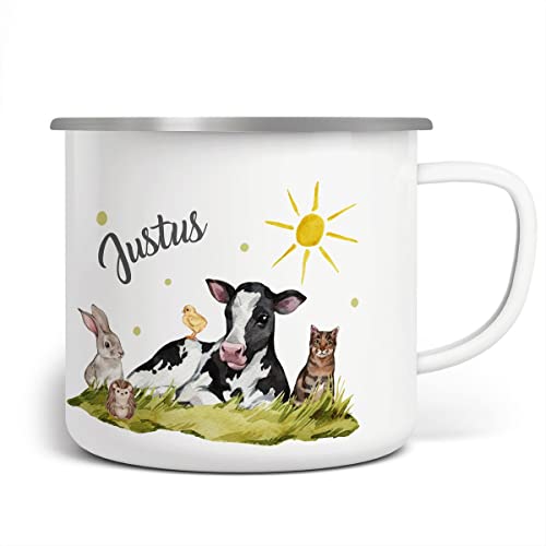 miKalino Emaille Tasse Kinder - Trinkbecher Kinder personalisiert - Emaille Becher mit Bauernhof-Motiv - Kindertasse mit Namen - Kindertasse bedruckt - Emaille Becher Weiß von miKalino