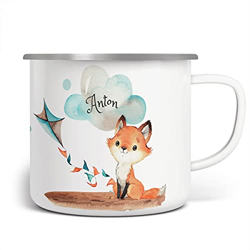 miKalino Emaille Tasse Kinder - Trinkbecher Kinder personalisiert - Emaille Becher mit Fuchs-Motiv - Kindertasse mit Namen - Kindertasse bedruckt - Emaille Becher Weiß von miKalino