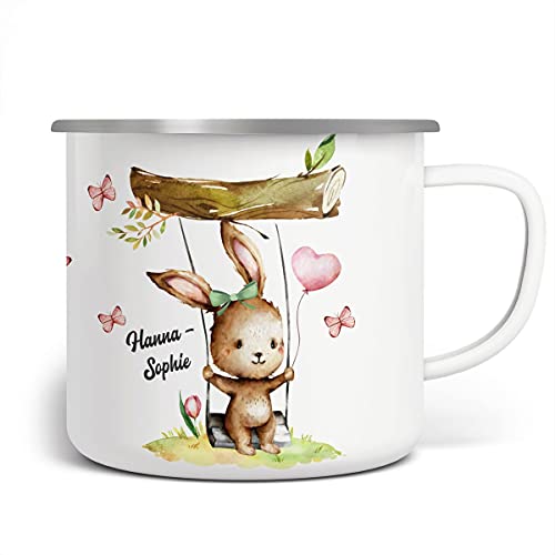 miKalino Emaille Tasse Kinder - Trinkbecher Kinder personalisiert - Emaille Becher mit Hasen-Motiv - Kindertasse mit Namen - Kindertasse bedruckt - Emaille Becher Weiß von miKalino