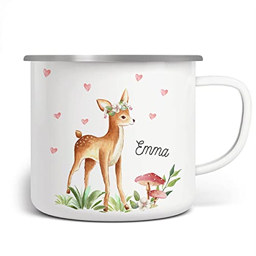 miKalino Emaille Tasse Kinder - Trinkbecher Kinder personalisiert - Emaille Becher mit Reh-Motiv - Kindertasse mit Namen - Kindertasse bedruckt - Emaille Becher Weiß von miKalino