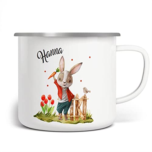 miKalino Emaille Tasse Lachender Hase mit mit Wunschname personalisierte Kindertasse mit Namen bedruckt Emaille Becher Emailletasse Geschenk, Farbe:weisssilber, Grösse:300ml von miKalino