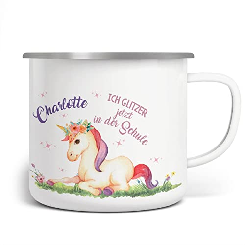 miKalino Emaille Tasse Mädchen - Trinkbecher Kinder personalisiert - Emaille Becher für Schulanfänger - Kindertasse mit Namen - Kindertasse bedruckt - Emaille Becher Weiß von miKalino