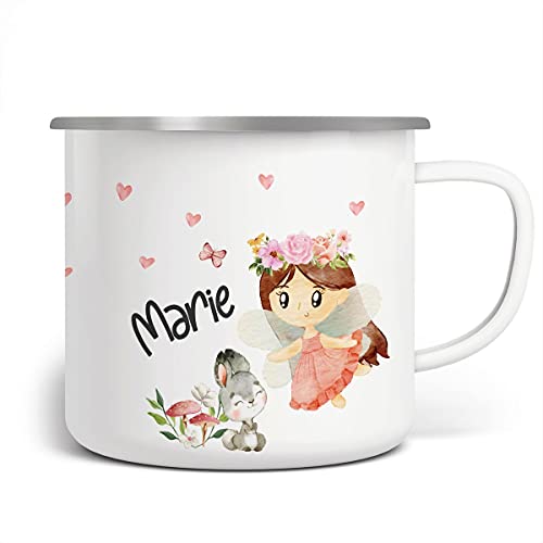 miKalino Emaille Tasse Mädchen - Trinkbecher Kinder personalisiert - Emaille Becher mit Fee-Motiv - Kindertasse mit Namen - Kindertasse bedruckt - Emaille Becher Weiß von miKalino