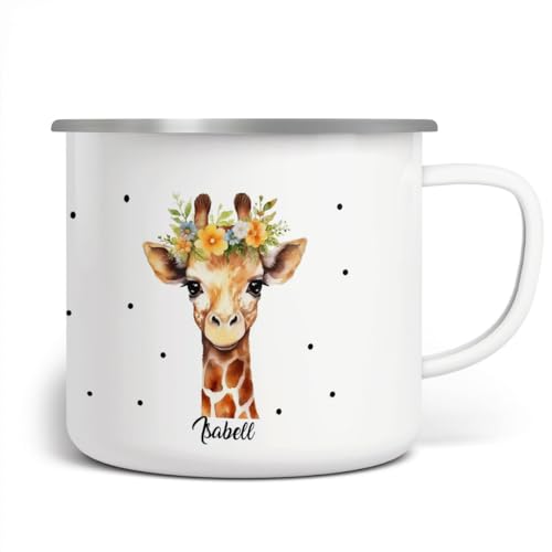 miKalino Emaille Tasse Mädchen - Trinkbecher Kinder personalisiert - Emaille Becher mit Giraffe-Motiv - Kindertasse mit Namen - Kindertasse bedruckt - Emaille Becher Weiß, 300ml von miKalino