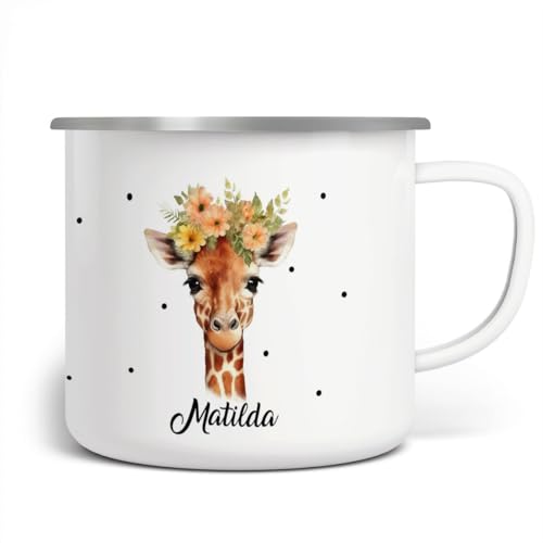 miKalino Emaille Tasse Mädchen - Trinkbecher Kinder personalisiert - Emaille Becher mit Giraffe-Motiv - Kindertasse mit Namen - Kindertasse bedruckt - Emaille Becher Weiß, Farbe:weisssilber von miKalino