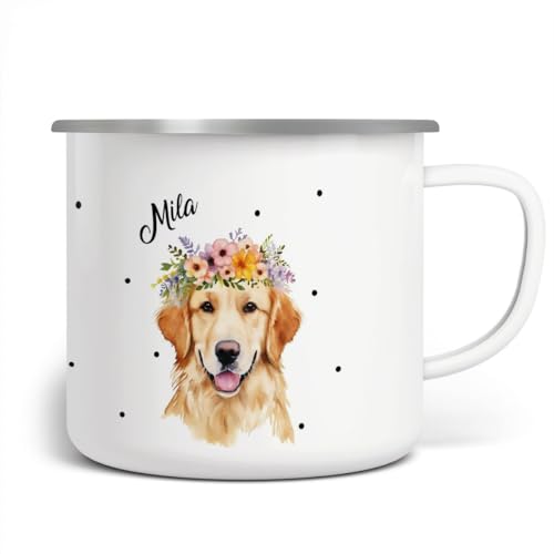 miKalino Emaille Tasse Mädchen - Trinkbecher Kinder personalisiert - Emaille Becher mit Golden Retriever-Motiv - Kindertasse mit Namen - Kindertasse bedruckt - Emaille Becher Weiß, 300ml von miKalino