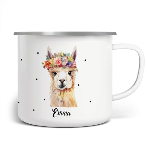 miKalino Emaille Tasse Mädchen - Trinkbecher Kinder personalisiert - Emaille Becher mit Lama-Motiv - Kindertasse mit Namen - Kindertasse bedruckt - Emaille Becher Weiß, 300ml von miKalino