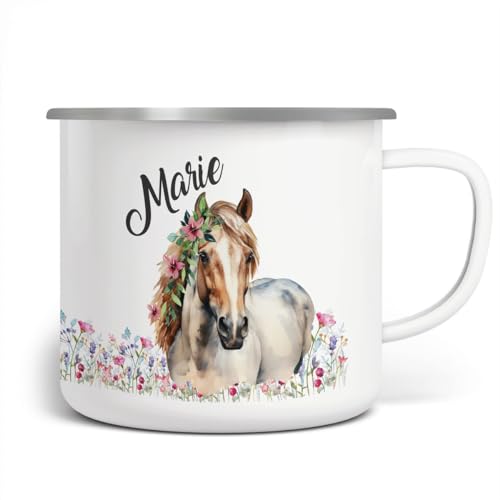 miKalino Emaille Tasse Mädchen - Trinkbecher Kinder personalisiert - Emaille Becher mit Pferd mit Blumen und Wunschname-Motiv - Kindertasse mit Namen - Kindertasse bedruckt, von miKalino