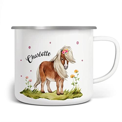 miKalino Emaille Tasse Mädchen - Trinkbecher Kinder personalisiert - Emaille Becher mit Pferde/Pony-Motiv - Kindertasse mit Namen - Kindertasse bedruckt - Emaille Becher Weiß von miKalino