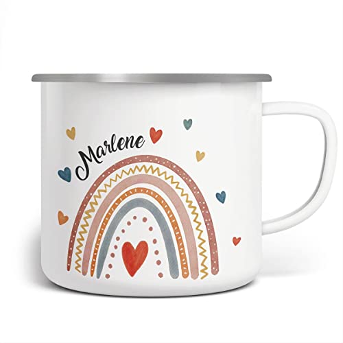 miKalino Emaille Tasse Mädchen - Trinkbecher Kinder personalisiert - Emaille Becher mit Regenbogen-Motiv - Kindertasse mit Namen - Kindertasse bedruckt - Emaille Becher Weiß von miKalino