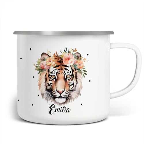 miKalino Emaille Tasse Mädchen - Trinkbecher Kinder personalisiert - Emaille Becher mit Tiger-Motiv - Kindertasse mit Namen - Kindertasse bedruckt - Emaille Becher Weiß, 300ml von miKalino