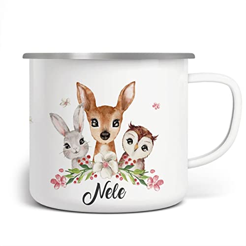 miKalino Emaille Tasse Mädchen - Trinkbecher Kinder personalisiert - Emaille Becher mit Waldtiere-Motiv - Kindertasse mit Namen - Kindertasse bedruckt - Emaille Becher Weiß von miKalino