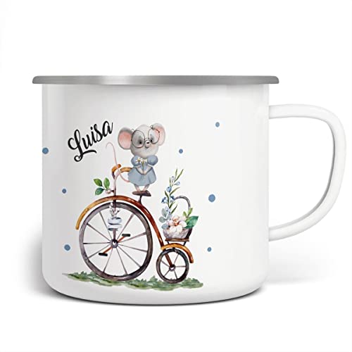 miKalino Emaille Tasse Maus auf Fahrrad personalisiert mit Namen | handbedruckt in Deutschland, Farbe:weisssilber, Grösse:300ml von miKalino