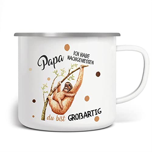 miKalino Emaille Tasse Papa - Ich habe nachgemessen Du bist grossartig Faultier | handbedruckt in Deutschland | kreatives Vatertagsgeschenk, Farbe:weisssilber, Grösse:300ml von miKalino