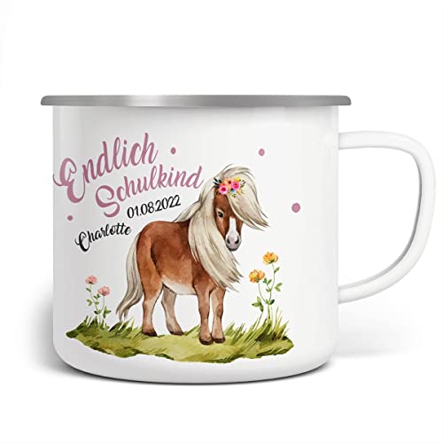miKalino Emaille Tasse Pferd/Pony Schulkind personalisiert mit Wunschname | handbedruckt in Deutschland, Farbe:weisssilber, Grösse:300ml von miKalino