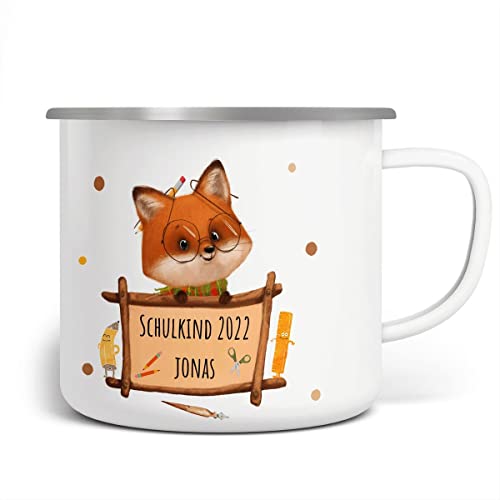 miKalino Emaille Tasse Schulkind Fuchs mit Namen | personalisiert & handbedruckt in Deutschland, Farbe:weisssilber, Grösse:300ml von miKalino