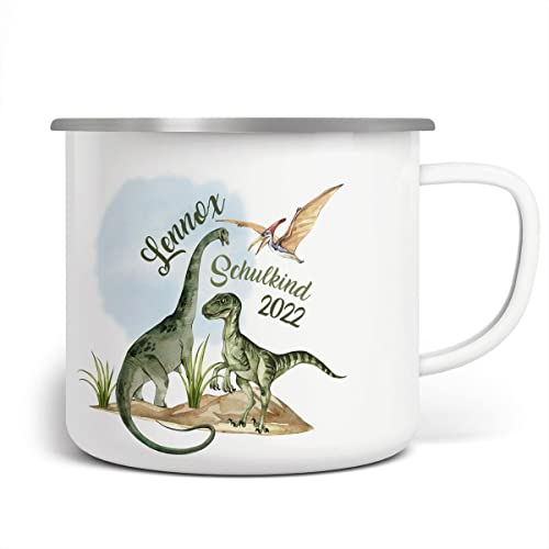 miKalino Emaille Tasse Schulkind - Trinkbecher Kinder personalisiert - Emaille Becher mit Dino-Motiv - Kindertasse mit Name & Jahr - Kindertasse bedruckt - Emaille Becher Weiß von miKalino