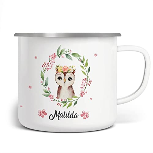 miKalino Emaille Tasse Süße Eule mit Blumenkranz personalisierte Kindertasse mit Wunschnamen bedruckt Emaille Becher Emailletasse | handbedrucktes Geschenk, Farbe:weisssilber, Grösse:300ml von miKalino