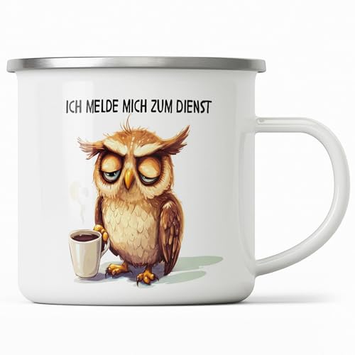 miKalino Emaille Tasse Süsse Eule mit Kaffeetasse Ich melde mich zum Dienst mit Name personalisiert & Motiv | Geschenkidee (7499)-weisssilber von miKalino