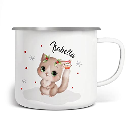 miKalino Emaille Tasse Süße Katze im Schnee personalisiert mit Namen | handbedruckt in Deutschland, Farbe:weisssilber, Grösse:300ml von miKalino