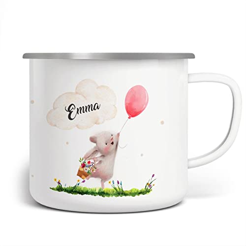 miKalino Emaille Tasse Süßer Hase mit einem Luftballon personalisierte Kindertasse mit Wunschnamen bedruckt Emaille Becher Emailletasse | handbedrucktes Geschenk, Farbe:weisssilber, Grösse:300ml von miKalino