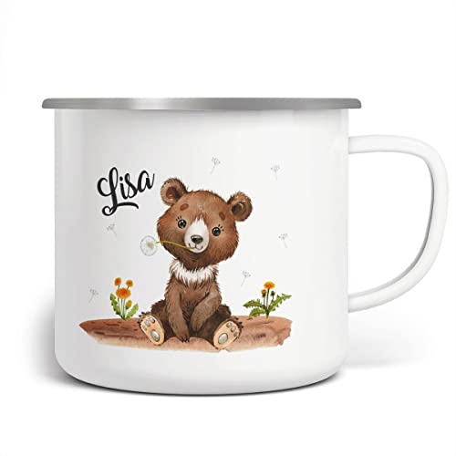 miKalino Emaille Tasse Süßer brauner Bär personalisierte Kindertasse mit Wunschnamen bedruckt Emaille Becher Emailletasse | handbedrucktes Geschenk, Farbe:weisssilber, Grösse:300ml von miKalino