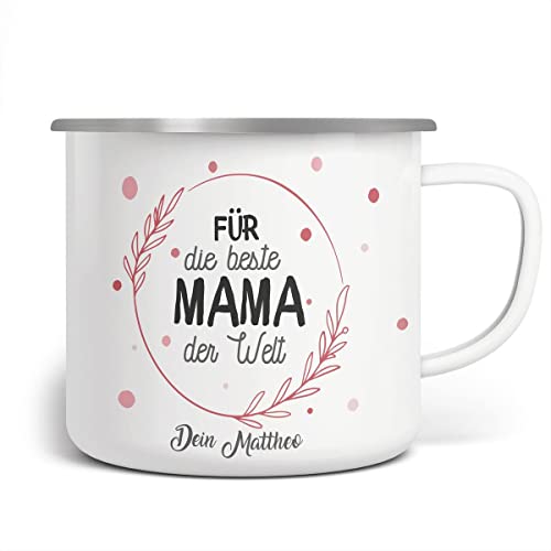 miKalino Emaille Tasse mit individuellem Namen Für die beste Mama der Welt mit Wunschname | handbedruckt in Deutschland | kreatives Muttertagsgeschenk, Farbe:weisssilber, Grösse:300ml von miKalino
