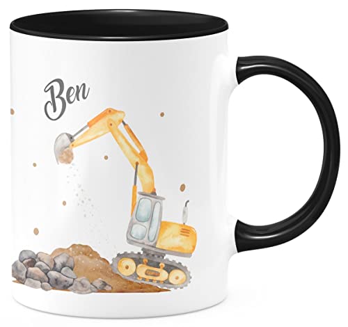 miKalino Keramik Tasse Bagger auf der Baustelle personalisiert mit Wunschname - handbedruckt in Deutschland | Kaffee Becher Kaffeetasse Geschenk, Farbe:schwarz, Grösse:330ml von miKalino