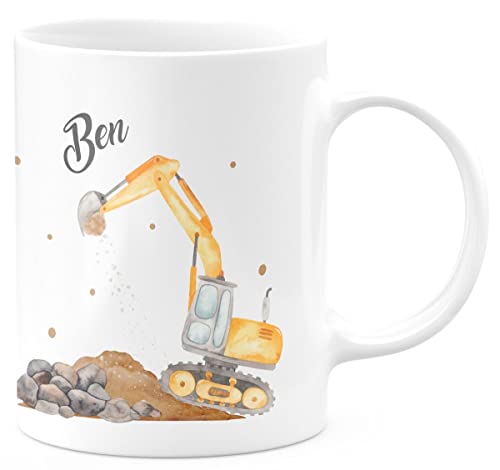 miKalino Keramik Tasse Bagger auf der Baustelle personalisiert mit Wunschname - handbedruckt in Deutschland | Kaffee Becher Kaffeetasse Geschenk, Farbe:weiss, Grösse:330ml von miKalino