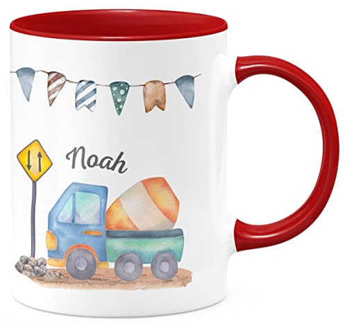 miKalino Keramik Tasse Betonmischer mit Wunschname | Kaffee Becher Kaffeetasse Geschenk, Farbe:rot, Grösse:330ml von miKalino