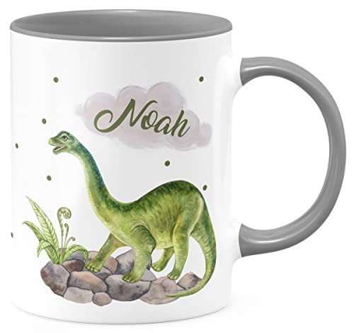 miKalino Keramik Tasse Brachiosaurus Dinosaurier mit Wunschname - handbedruckt in Deutschland | Kaffee Becher Kaffeetasse Geschenk, Farbe:grau, Grösse:330ml von miKalino