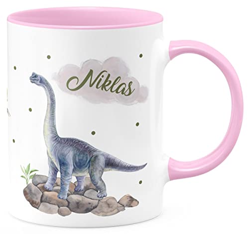 miKalino Keramik Tasse Brachiosaurus grau Dinosaurier mit Wunschname - handbedruckt in Deutschland | Kaffee Becher Kaffeetasse Geschenk, Farbe:rosa, Grösse:330ml von miKalino