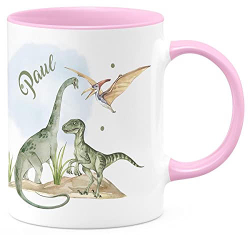 miKalino Keramik Tasse Dinosaurier mit Namen - handbedruckt in Deutschland | Kaffee Becher Kaffeetasse Geschenk, Farbe:rosa, Grösse:330ml von miKalino