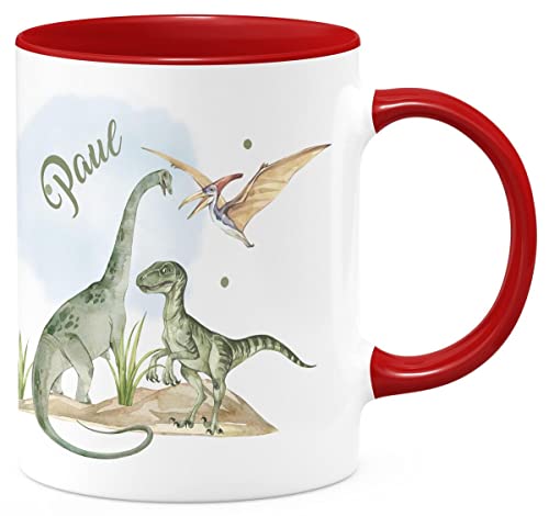 miKalino Keramik Tasse Dinosaurier mit Namen - handbedruckt in Deutschland | Kaffee Becher Kaffeetasse Geschenk, Farbe:rot, Grösse:330ml von miKalino