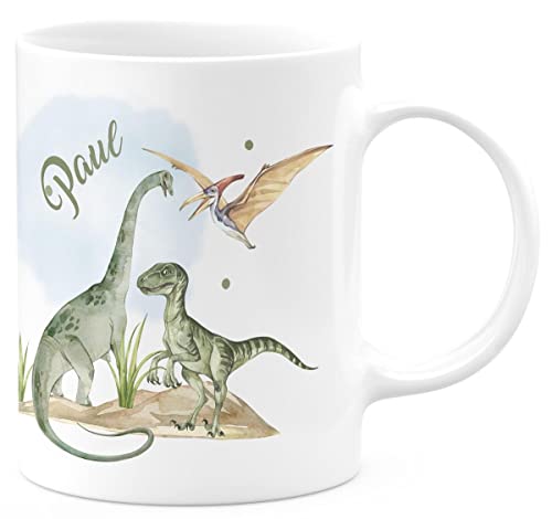 miKalino Keramik Tasse Dinosaurier mit Namen - handbedruckt in Deutschland | Kaffee Becher Kaffeetasse Geschenk, Farbe:weiss, Grösse:330ml von miKalino