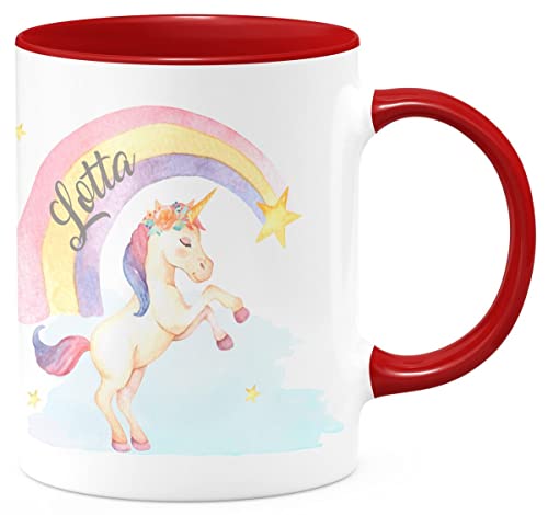 miKalino Keramik Tasse Einhorn Regenbogen mit Namen - handbedruckt in Deutschland | Kaffee Becher Kaffeetasse Geschenk, Farbe:rot, Grösse:330ml von miKalino