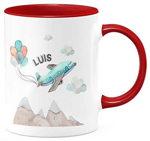 miKalino Keramik Tasse Flugzeug mit Wunschname - handbedruckt in Deutschland | Kaffee Becher Kaffeetasse Geschenk, Farbe:rot, Grösse:330ml von miKalino